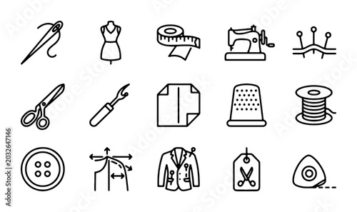 Quadro su tela Sewing Icons Set: Tailoring Tools, Fashion Design, Crafting Supplies, Garment Ma
