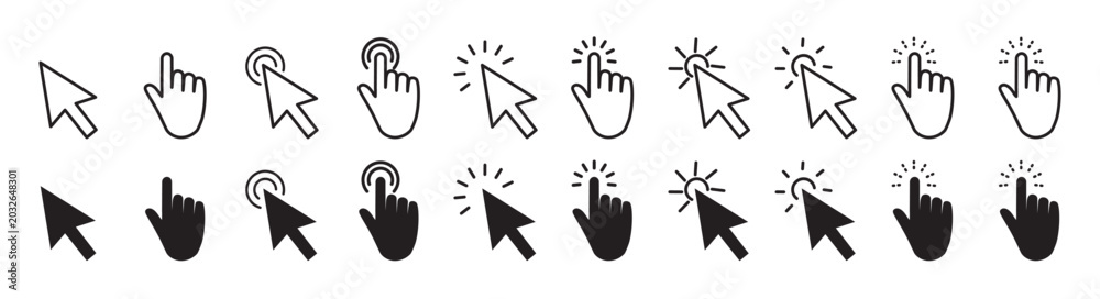 Obraz premium Computer mouse cursor icon set vector illustration, hand pointer, arrow clicks, loading animations for UI, UX and web