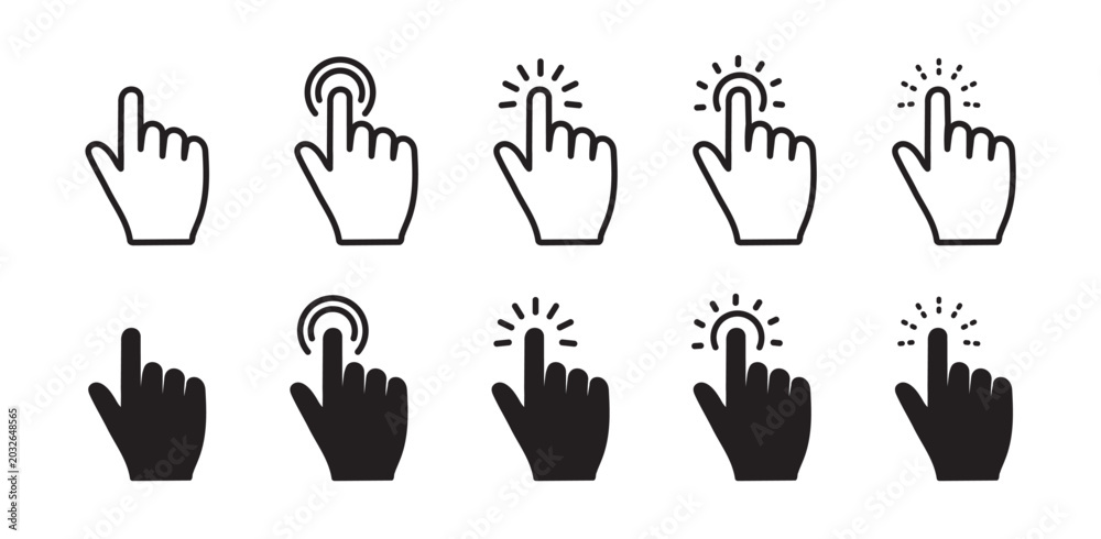 Fototapeta premium Hand click cursor icon set vector, hand cursor pointer tap and press symbol sign
