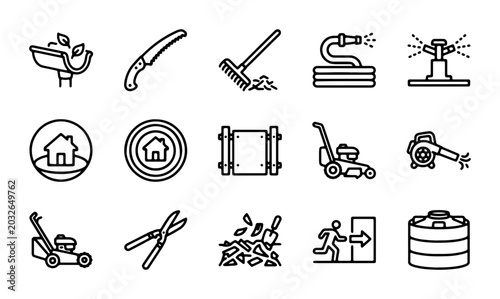 Foto Gardening Tools Vector Icons Set: Lawn Mower, Sprinkler, Pruners, Leaf Blower, H