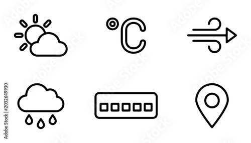 Foto Weather Icons Set: Sun, Cloud, Rain, Temperature, Wind, Location, Forecast Symbo