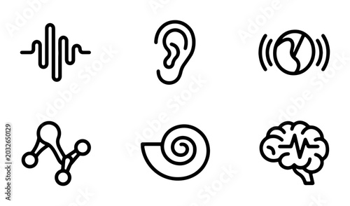 Photos Sound Wave, Ear, Brain, Molecule Icons: Auditory Science, Hearing Health, Medica