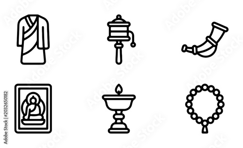 Принти на полотні Buddhist Iconography Set: Monk Robe, Prayer Wheel, Horn, Buddha Image, Oil Lamp,