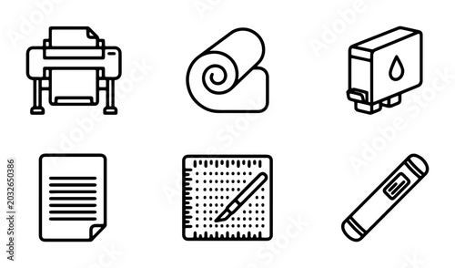 Photos Printing Press, Paper Roll, Ink Cartridge Icons: Graphic Design Tools for Print