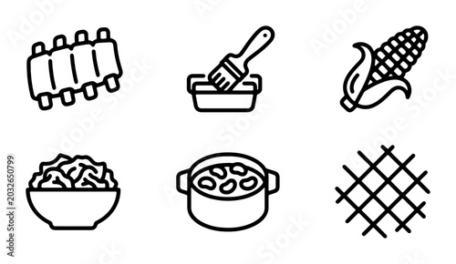 Quadro su tela Barbecue Icons Set: Ribs, Corn, Beans, Grill, Brush, Coleslaw Vector Graphics