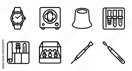 Bild auf Leinwand Watchmaker Tools Icons, Timepiece Repair Kit, Precision Instruments Set, Clockwo