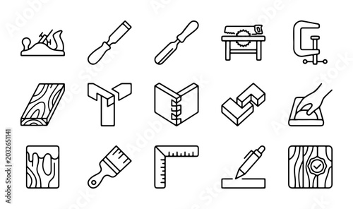 Fényképezés Carpentry Tools Vector Icons Set: Woodworking, Joinery, Craftsmanship, DIY Proje