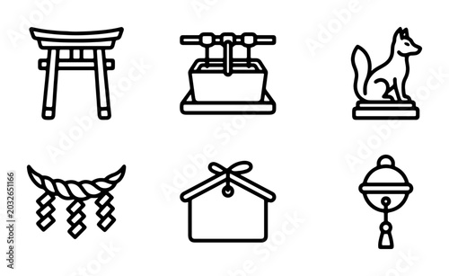 Obraz na płótnie Japanese Shinto Icons: Torii Gate, Fox Statue, Well, Rope, Bell, Ema Plaque