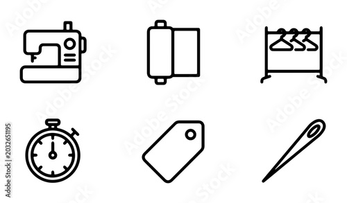 Foto Sewing Icons Set: Machine, Fabric Roll, Garment Rack, Stopwatch, Tag, Needle | C
