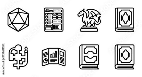 Photos Fantasy RPG Icons Set: Dice, Dragon Statue, Character Sheets, Maps, Books, Chart