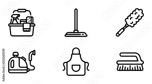 Photos Cleaning Supplies Icons Set, Household Chores Vector Graphics, Housekeeping Equi