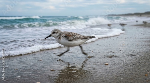 A sandpiper bird walking on a beach with waves in the background.
