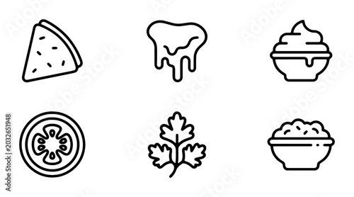 Tableau sur toile Mexican Food Icons: Guacamole, Salsa, Nacho, Tomato, Cilantro, Sour Cream Vector