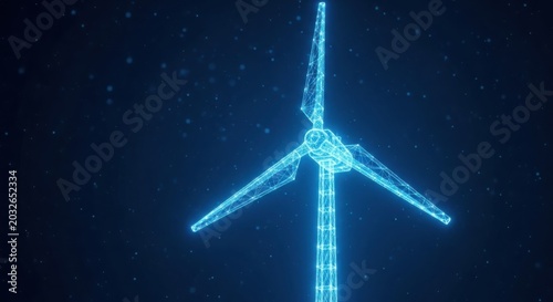 Digital glowing wind turbine wireframe on dark background illustration