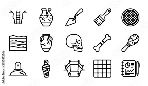 Bild auf Leinwand Archaeology Icons Set, Ancient Artifacts & Dig Site Symbols, Vector Graphics