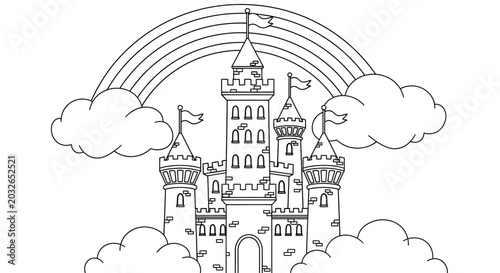 Fantasy castle, medieval fortress, rainbow, clouds, line art, vector illustration, fairy tale, dreamy landscape