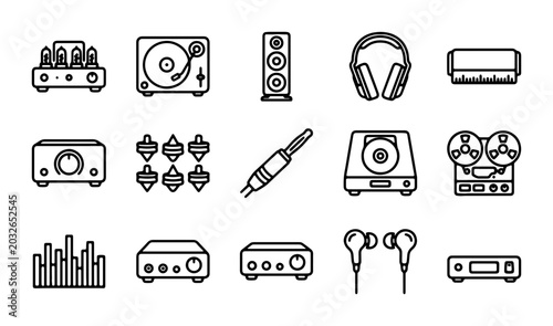 Photos Audio Equipment Icons Set: Amplifiers, Turntables, Speakers, Headphones, Reel-to