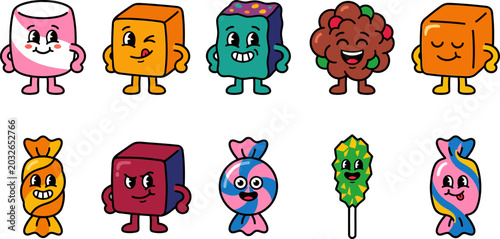 Quadro su tela Colorful cartoon candy characters with smiling faces and legs