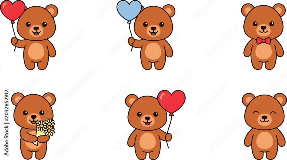 Fototapeta premium Cute Teddy Bear Character Vector Set with Little Bears Holding Heart Balloons, Flower Bouquet, and Wearing Bowtie for Valentine Day, Baby Shower, and Kids Birthday Designs