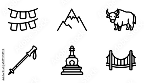 Canvastavla Himalayan Icons Set: Prayer Flags, Mountains, Yak, Trekking Pole, Stupa, Bridge