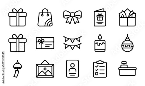 Foto Celebration Icons Set: Gift Boxes, Bags, Bows, Cards, Candles, Ornaments, Buntin