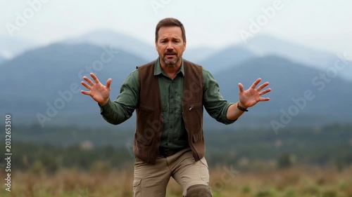 Male scientist speaking outdoors in mountain valley wearing fieldwear