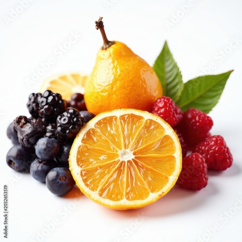 Vibrant Assortment of Fresh Fruits Including Pear, Orange, Berries, and Leaves