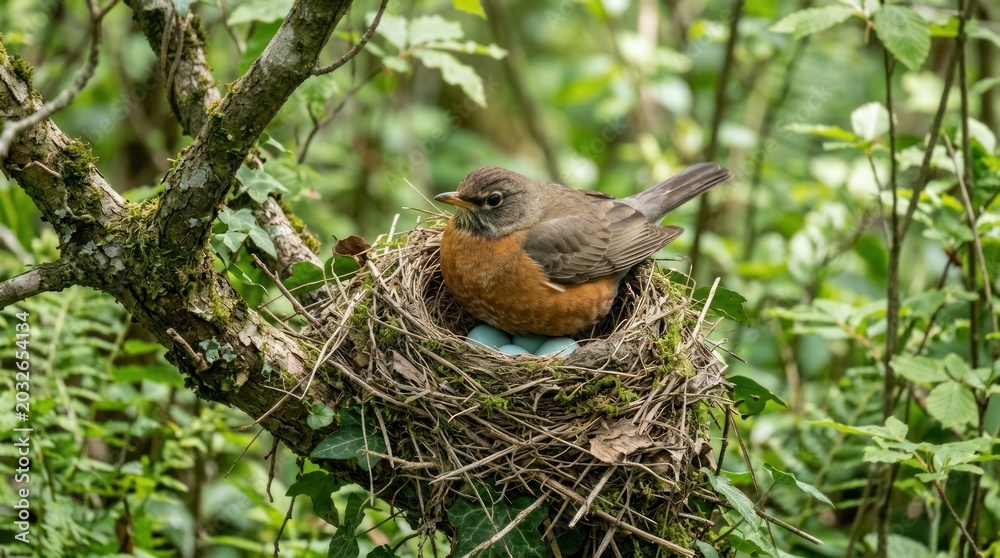 Obraz premium A robin bird perched on a nest with an egg in a lush green forest.