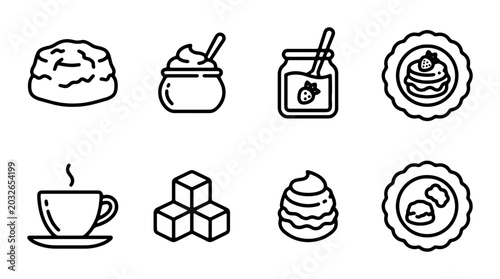 Fotografía Sweet Treats & Tea Time Icons: Scones, Jam, Cake, Coffee, Sugar Cubes, Cream