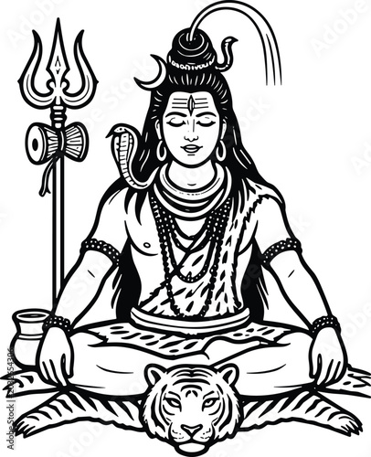 Fotografi Shiva illustration with trident, drum, and meditative posture