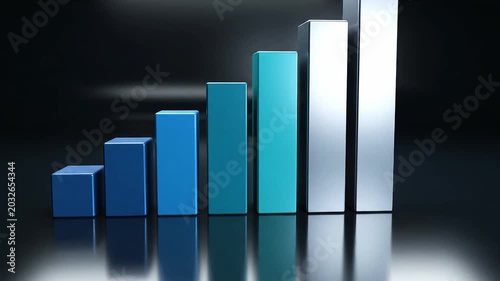 Reflective metallic and glass bar chart rising from left to right on glossy black surface, cool blue and teal tones with soft studio lighting