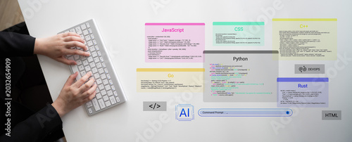 Fotografija A focused individual types on a keyboard, surrounded by colorful displays of programming languages, illustrating coding and technology in a contemporary workspace environment