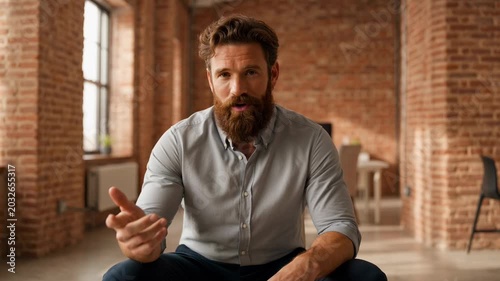 Bearded man speaking in modern loft space with brick walls