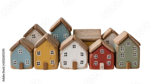 Collection of colorful wooden houses with painted windows and doors