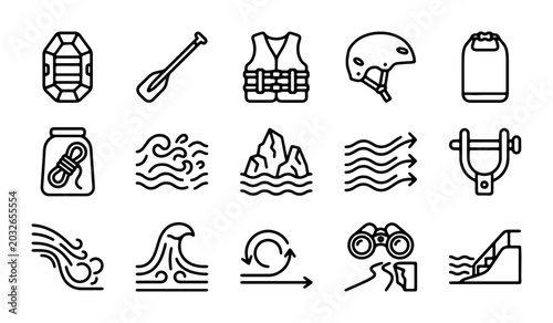 Foto White Water Rafting Icons, Adventure Sports Equipment, Outdoor Recreation Symbol