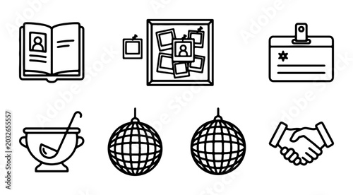 Foto Set of 6 Outline Icons: ID Badge, Photo Board, Open Book, Soup Tureen, Disco Balls, Handshake
