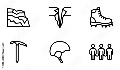 Climbing Gear Icons Set, Mountaineering Equipment Vector Graphics, Adventure Sports Symbols Collection, Outdoor Activity Icons