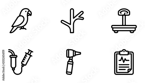 Veterinary Icons Set: Parrot, Branch, Scale, Syringe, Otoscope, Clipboard, Medical Symbols, Animal Care Graphics, Clinic Equipment