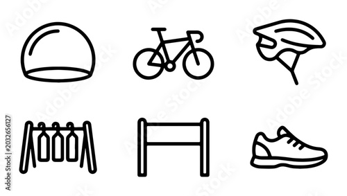 Cycling and Running Sports Icons, Triathlon Gear Vector Set, Athletic Equipment Line Art Collection
