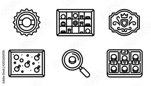 Set of 6 Vintage Icons: Bottle Cap, Chocolate Box, Emblem, Petri Dish, Magnifying Glass, Candy Tray
