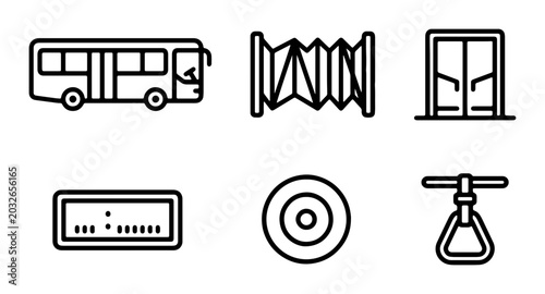 Public Transport Icons: Bus, Accordion Door, Entrance, Digital Display, Wheel Hub, Handrail. Vector Line Art Set for Mobility and Transit Concepts.