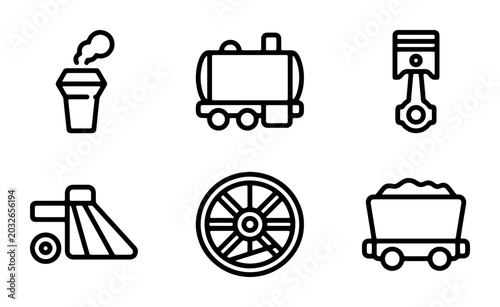 Industrial Revolution Icons Set: Steam Engine, Train, Piston, Combine Harvester, Wagon Wheel, Coal Cart, Vector Graphics