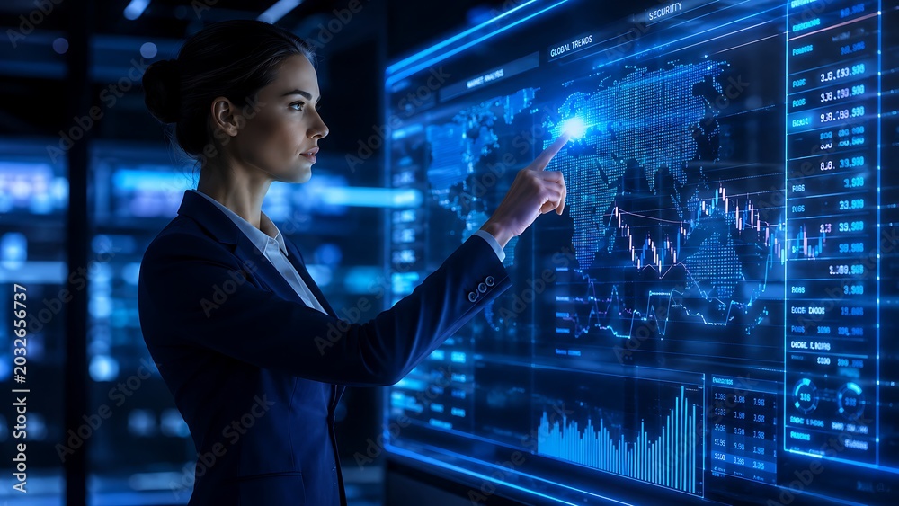 Fototapeta premium Professional businesswoman interacting with a futuristic digital interface showing global financial market trends, data analytics, and world map in a hightech dark office environment
