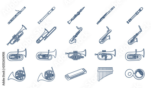 Bild auf Leinwand Musical Instrument Icon Collection with Wind Brass and Woodwind Symbols for Orch