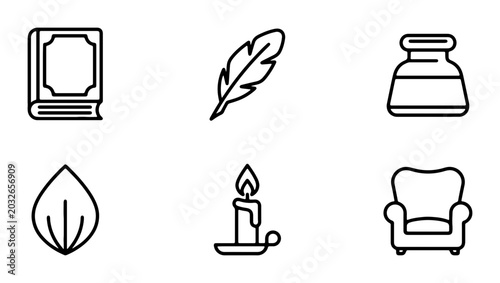 Bilde på lerret Vintage Writing Set Icons: Book, Feather Quill, Inkwell, Candle, Armchair, Leaf