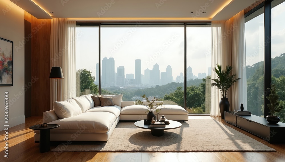 Fototapeta premium Spacious modern living room features large sectional sofa and coffee table facing panoramic city skyline. Natural light fills elegant minimalist decor with wood accents and green plants.
