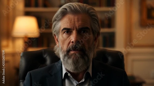 Thoughtful mature man with grey beard in business office setting