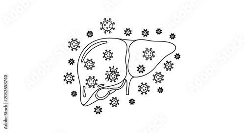 Conceptual illustration depicting a human liver organ surrounded by numerous hepatitis virus, symbolizing viral infection, hepatitis, or liver disease on a white background