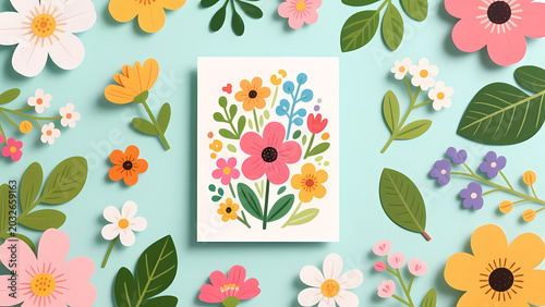 A beautifully designed flower card sits among an array of colorful blooms on a soft pastel backdrop, evoking the joy of spring and creativity Generative AI