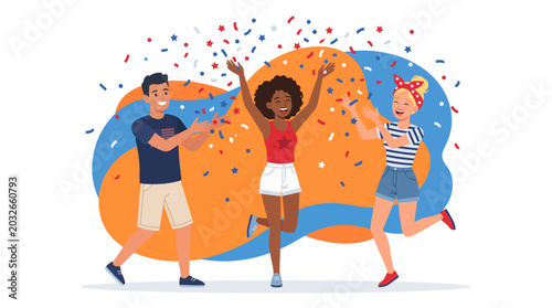 Foto Diverse friends dancing joyfully with colorful confetti.